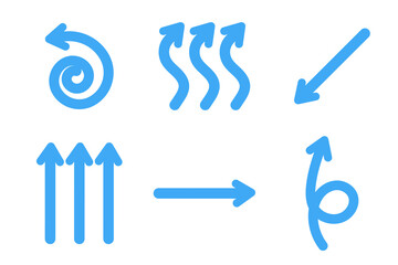 Air flow. Set of blue arrows showing direction of air movement. Wind direction arrows. Blue cold fresh stream from the conditioner.