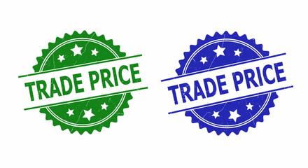 Obraz premium Distressed trade price stamps showcase green and blue seals, suitable for business, finance, and marketing applications.