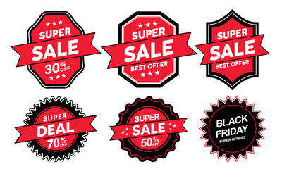 Red super sale label vector set with discount offer tags