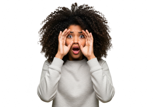 A surprised young woman with curly hair shouts with her hands cupped around her mouth, isolated on transparent background