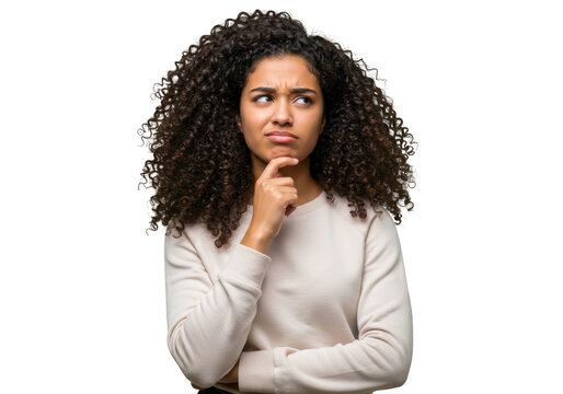 A young woman with curly hair touches her chin thoughtfully, contemplating a difficult question isolated on transparent background