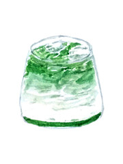 A glass of matcha latte green tea drink hand drawing watercolor illustration