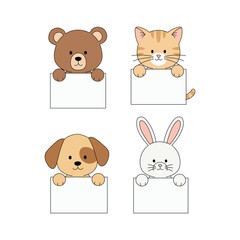 Cute bear, cat, dog, and rabbit holding paper. Minimal vector with pastel tones, perfect for kids designs or greeting cards