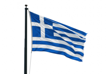 The national flag of greece, with its distinctive blue and white cross and stripes, waves proudly on a flagpole, isolated on a transparent background