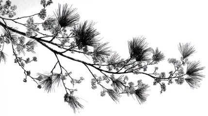 A grayscale close-up of a pine branch