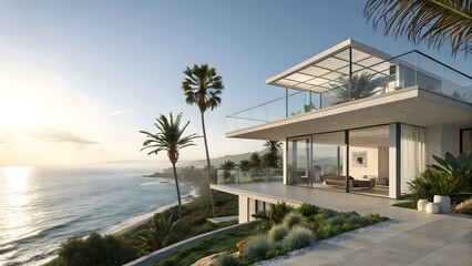 Fototapeta premium Modern Coastal Home with Ocean Views and Lush Landscaping for Luxury Living