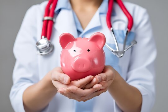 Doctor holding piggy bank for healthcare cost savings and financial planning for medical expenses