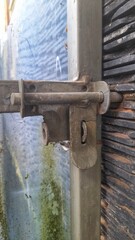 Close-up of a metal latch on a gate, showing details and texture.