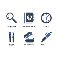Magnifier, Address book, Clock, Brush, Pin remover, Pen, icon