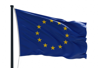 The european union flag waves proudly on a flagpole against a stark transparent background