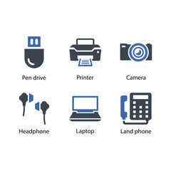 Pen drive, Printer, Camera, Headphone, Laptop, Land phone, icon