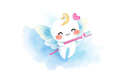 Cute cartoon tooth fairy character with toothbrush and toothpaste. Vector illustration.