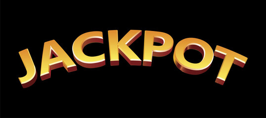 3d endering of the word "JACKPOT" in a golden, metallic font with a subtle red outline, curved upwards, isolated on black background