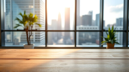 Empty wooden table in modern office with city view during sunset
