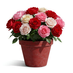 Mixed colorful roses arranged in red ceramic flower pot