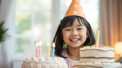 Happy asian little girl blowing out candles on birthday cake at home