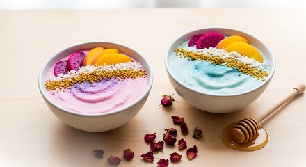 Vibrant Pink and Blue Smoothie Bowls with Peach and Dragon Fruit, Honey Drizzle, Wooden Table