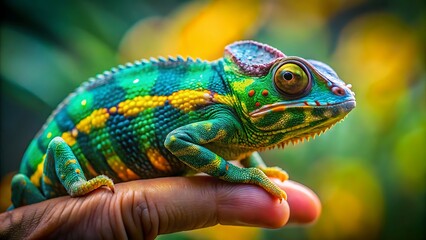 Fototapeta premium Vibrant chameleon with detailed scales rests on a human finger in nature
