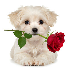 Adorable white puppy holding single red rose in mouth