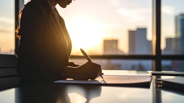 Businesswoman writing document with pen at office desk during sunset focused on output and tax concepts in modern workspace