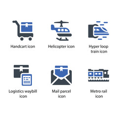 Handcart, Helicopter, Hyperloop train, Logistics waybill, Mail parcel, Metro rail, icon