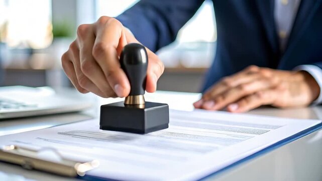 Official document stamped by hand in suit for tax approval in office showing official output with rubber stamp on clipboard