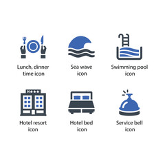 dinner time, Sea wave, Swimming pool, Hotel resort, Hotel bed, Service bell, icon