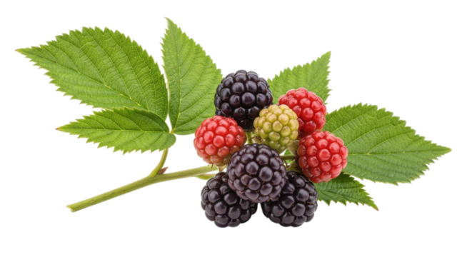 Lush foliage cradles a cluster of fresh blackberries, some ripening from vibrant red to deep purple on a transparent surface, transparent background