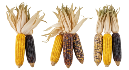 Colorful heirloom corn cobs display vibrant yellow, purple, and speckled kernels, perfect for autumn themes and harvest season designs, transparent background