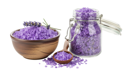 Purple lavender bath salt crystals are arranged in a bowl and glass jar, set against a transparent background and transparent.