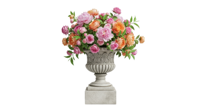 Exquisite roses bloom in a detailed stone urn, a classical floral arrangement perfect for adding elegance and charm to designs, transparent background