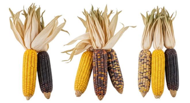 Colorful heirloom corn cobs display vibrant yellow, purple, and speckled kernels, perfect for autumn themes and harvest season designs, transparent background