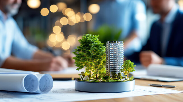 Urban development model showcasing sustainable architecture with greenery and miniature trees, highlighting eco-friendly design and contemporary living concepts