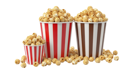 Three striped popcorn buckets overflowing with delicious caramel corn against a transparent background, perfect for movie nights or snack time.