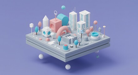 Colorful 3D Cityscape Illustration with Playful Pastel Shapes and Modern Architectural Elements