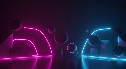 Abstract Geometric Composition with Neon Pink and Blue Lights in a Modern Dark Space