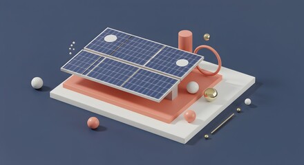 3D Illustration of Solar Energy System with Geometric Shapes on Blue Background