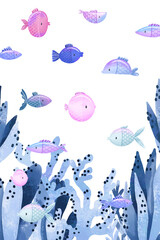 Design with vertical oceania algae, seaweed and fishes..  Sea bottom fauna and flora