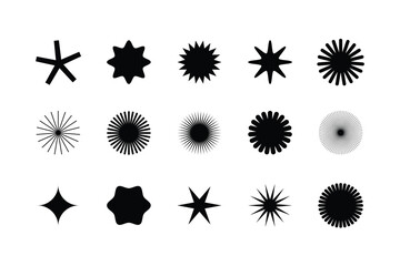 Set of 16 abstract starburst, sunburst, and radial geometric black shapes on white background for modern graphic design, logos, stickers, labels, and visual elements