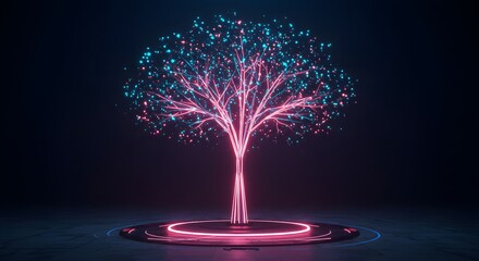 Glowing Neon Tree with Abstract Lights and Circles in a Dark Futuristic Environment
