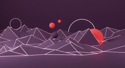 Abstract 3D Landscape with Geometric Mountains and Circular Elements in Purple and Red Colors