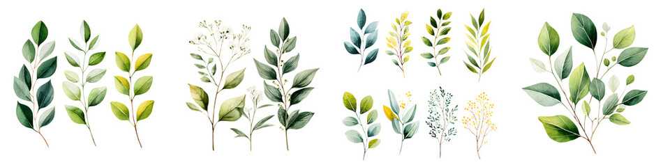 Fototapeta premium Watercolor Greenery Branches and Leaves on White Background
