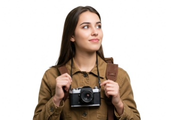 Young woman with a vintage camera around her neck and a backpack, looking up and to the side, isolated on transparent background