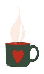 Hot steaming drink in cute green cup with heart shape. Autumn or winter tea or coffee beverage.