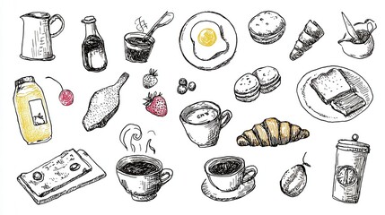Collection of hand-drawn breakfast food illustrations including coffee, eggs, fruit, and baked goods in various arrangements, showing many nutritious and tasty food choices