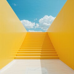 "Vibrant Yellow Staircase Leading to the Sky in a Minimalist, Serene Setting"