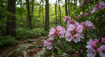 Sun-Dappled Appalachian Forest with Vibrant Laurel Flowers