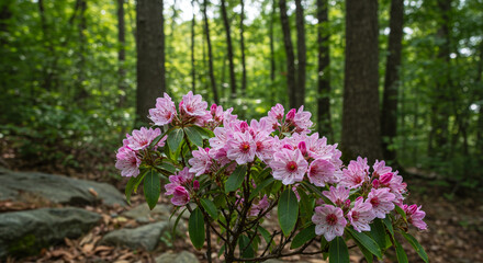 Pink and White Mountain Laurel Blossoms Among Forest Trees