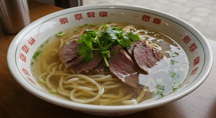 Delicious Lanzhou Beef Noodle Soup with Tender Beef Slices and Fresh Cilantro