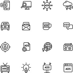 Line style icons of digital ads performance: CTR icon, impressions graph, ad reach, ad spend icon, ROI chart, engagement meter, conversion stat, frequency icon, ad delivery status, campaign overview,